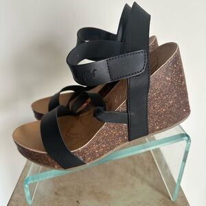Blowfish Black and Brown Wedge Sandals with Cork Heel Size 10